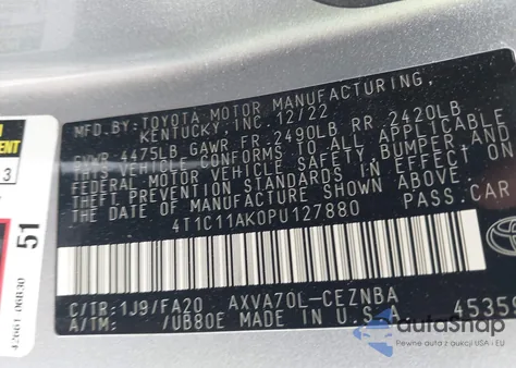 2023 Toyota Camry Le from USA, damaged, VIN 4T1C11AK0PU127880